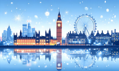 Snowy London skyline, festive lights, river reflection, winter tourism
