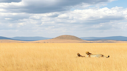 Fototapeta premium Cheetahs resting in tall savanna grass, African landscape background, wildlife photography for travel brochures