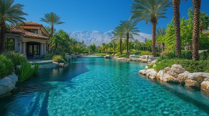Fototapeta premium Serene luxury estate with stunning pool and mountain backdrop on a clear day