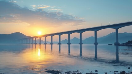 Fototapeta premium Wide Angle Shot of Gantang Bridge at Sunset in Shimmering Water with Silhouetted Mountains in the Background
