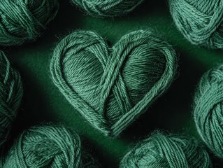 Macro shot of green yarn heart. Greenery and environment themed decoration.