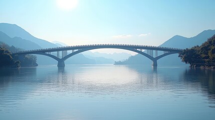 Fototapeta premium Wide Angle Shot of the Scenic Lushan Bridge Over Calm Waters Surrounded by Majestic Mountains in Serene Daylight View