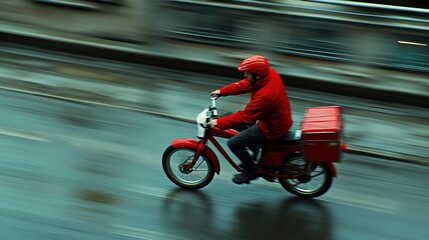 Obraz premium Speed Delivery: A Red Motorcycle Rider in Motion