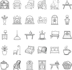 Cozy Home Interior Line Icons Furniture, Decor, and Comfort
