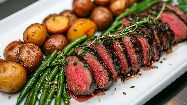 Roasted beef tenderloin sliced and served on a white platter