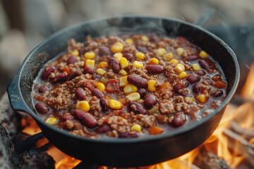 Delicious chili simmering over an open fire in a cast iron pot, capturing the essence of outdoor cooking
