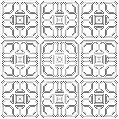 Symmetrical black line art creates a seamless geometric pattern on a white background. Ideal for coloring books, artistic designs, or backgrounds.