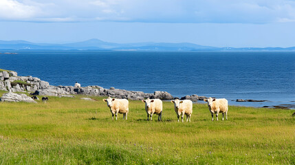 Obraz premium Coastal Irish cattle grazing serene pasture, ocean backdrop, idyllic rural scene; perfect for travel brochures