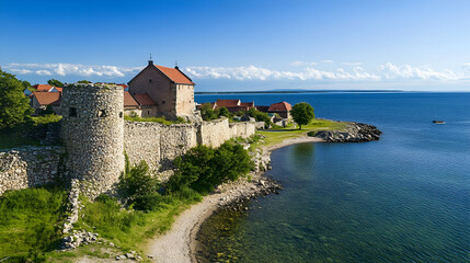 Fototapeta premium Coastal Medieval Castle Ruins, Baltic Sea, Summer Day, Panoramic View, Travel Tourism