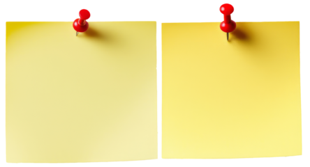 Two yellow sticky notes attached with red pushpins, ready for notes