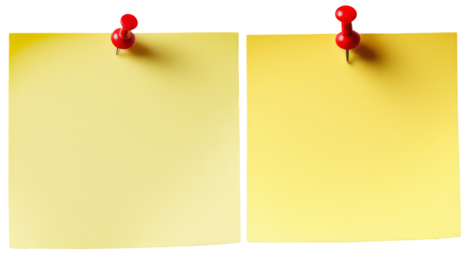 Two yellow sticky notes attached with red pushpins, ready for notes
