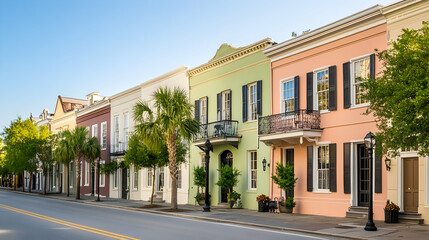 Colorful historic houses line a sunny street, palm trees providing shade, perfect for travel brochures or real estate ads