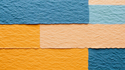 Fototapeta premium Colorful textured paper sheets arranged, overhead view, craft background, design element