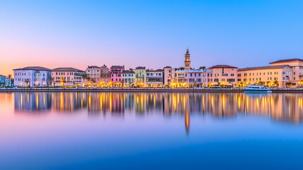 Naklejka premium Colorful waterfront town at sunset, calm waters reflecting buildings, ideal for travel brochures