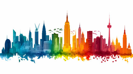 Fototapeta premium Colorful NYC skyline, planes flying, watercolor splash