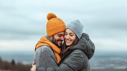 Couple embracing outdoors, winter landscape background; romantic relationship, love, affection