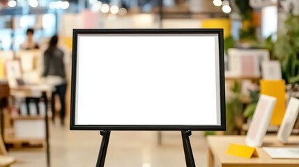 Black Framed Whiteboard Sign Mockup on Stand in Modern Workspace Setting with Blurred Background and Soft Lighting for Creative Projects
