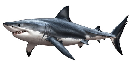 Obraz premium Great White Shark Portrait: A powerful Great White Shark, with its iconic white belly and sharp teeth, swims majestically through the ocean depths.