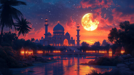 Obraz premium A detailed illustration of a mosque during Ramadan night, glowing with golden lights, with a crescent moon shining in a starlit sky