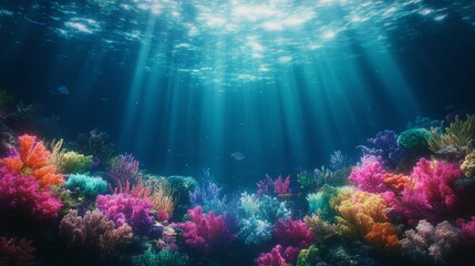 Sunbeams pierce the crystal-clear ocean water, illuminating a breathtaking underwater scene teeming with colorful coral formations and marine life.