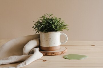 Speckled Mug Holds Small Green Plant On Wooden Table