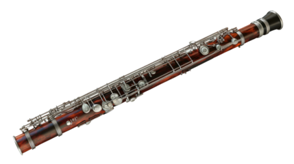 Bassoon Musical Instrument: A detailed close-up shot of a polished dark red wood bassoon, showcasing its intricate keywork and elegant design.