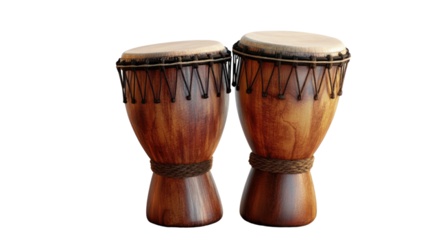Rhythm of the Djembe: A close-up of a pair of intricately crafted wooden djembe drums, their rich brown hues and intricate details hinting at the vibrant rhythms they hold.