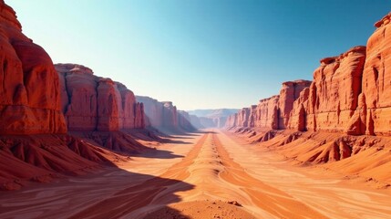 Fototapeta premium Arid Canyon Landscape Sunlit Sandstone Cliffs and Windswept Sands Form a Dramatic, Expansive Desert Gorge