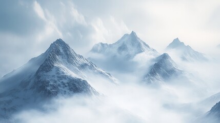 Obraz premium A snowy mountain range with biting winds and a stark, cold atmosphere.