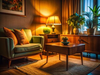 Moody Mid-Century Modern Interior: Close-Up Vintage Side Table & Furniture