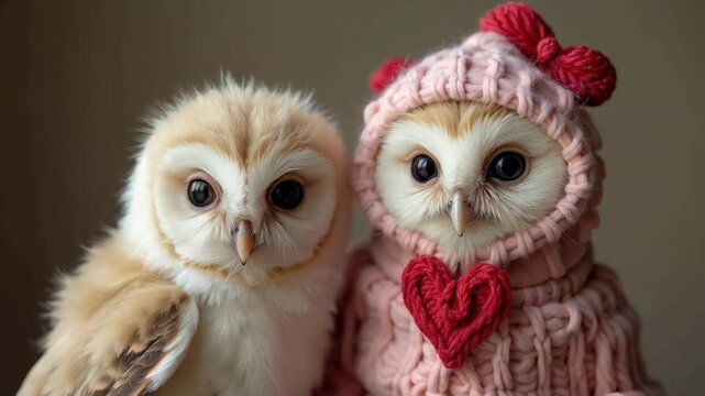 Baby owlets dressed in Valentine's Day costumes&sbquo; cute and heartwarming. Festive Mothers Day, Valentine's Day, Chocolate Day, Birthday.