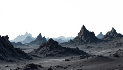 Monochromatic rocky mountain landscape in a valley under white sky minimal lighting