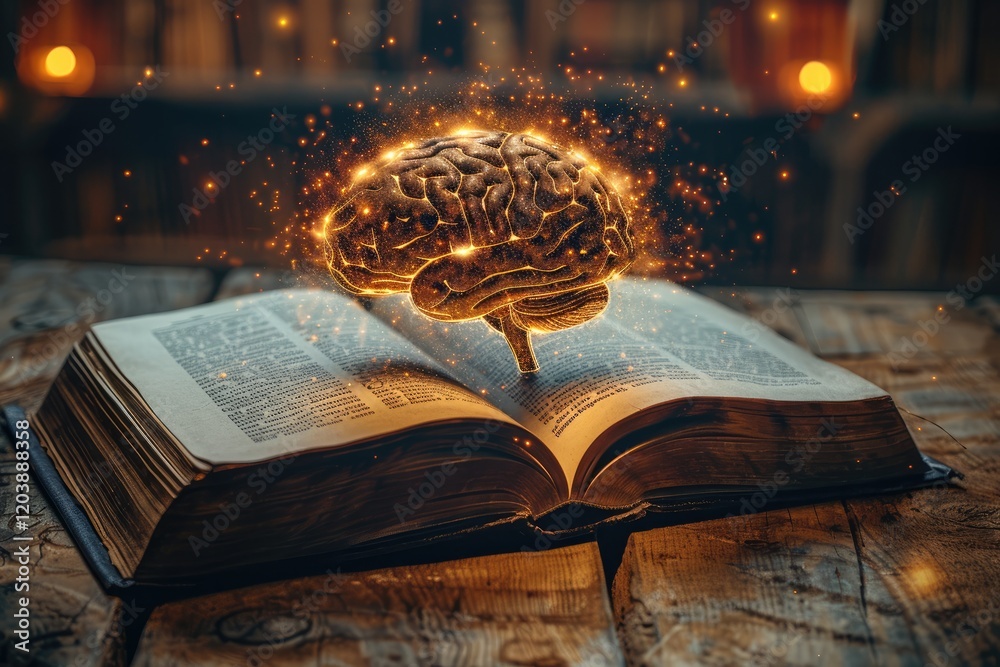 Poster an old, weathered book lying open on wooden table, its pages glowing faintly with blank page. the le