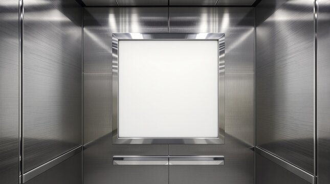 Metallic elevator interior featuring a blank square frame for signage or poster display. Sleek design, reflective surfaces. Ai generative