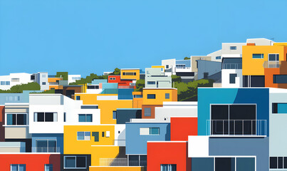 Fototapeta premium Vibrant hillside homes, colorful architecture, modern houses, urban landscape, sunny day, architectural design, contemporary buildings, real estate, property, home design.