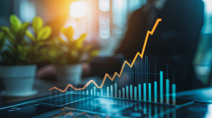 Abstract business Financial charts show a significant increase in profits in the stock market.This is driven by higher interest rates and continued growth. In the innovation world network of financial