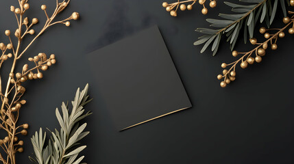 Elegant black square card mockup, gold branches, dark background; ideal for luxury branding