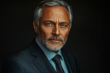 Fototapeta premium a highcontrast portrait captures a seasoned business professional in his 50s greying hair and a suit standing confidently against a plain black background exuding expertise and authority