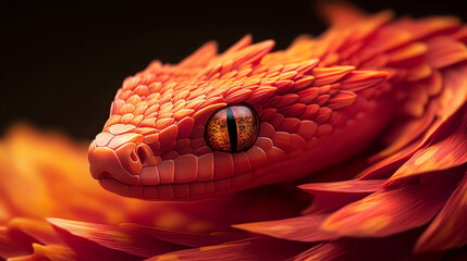 Fototapeta premium Fiery red snake portrait, close-up, dark background, digital art, ideal for fantasy or nature designs