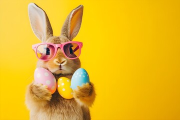 Brown Rabbit with Pink Sunglasses Holding Easter Eggs on Yellow Background