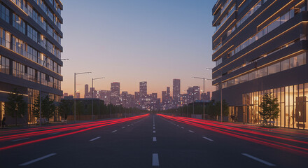 Obraz premium Cityscape Twilight Modern Buildings Illuminated Street Light Trails Urban Evening
