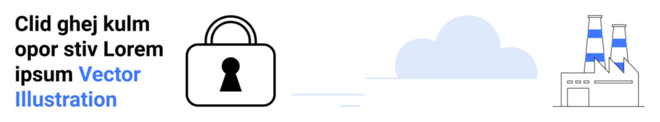 Lock icon represents security next to industrial factory with smokestacks and clouds. Ideal for cybersecurity, industrial safety, data protection, cloud computing, environmental themes, digital