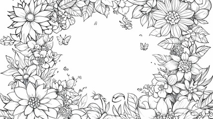 Fototapeta premium Floral frame, butterflies, blank center, garden background, design template