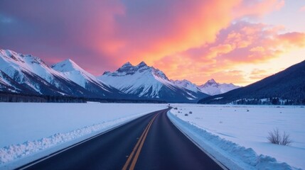 A scenic winter road journey through a majestic snow-covered mountain range at sunrise, with a vibrant and colorful sky