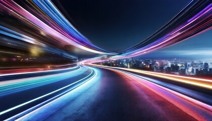 Fototapeta premium Abstract motion curvy urban road with neon light motion effect applied. Automobile on road background.