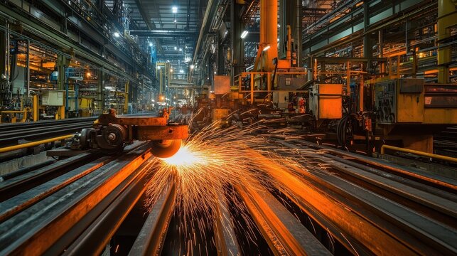Sparks rain down from a grinder as it cuts through heavy metal beams in a petrochemical facility, illuminating the machinery with bright bursts of orange light.