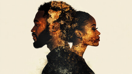 Black History Month tribute with double exposure portrait of Black man and woman