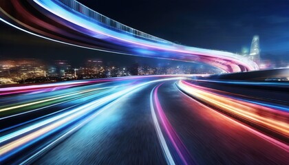 Abstract motion curvy urban road with neon light motion effect applied. Automobile on road background.