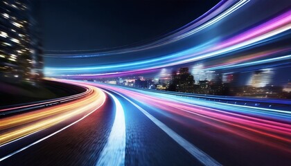 Abstract motion curvy urban road with neon light motion effect applied. Automobile on road background.