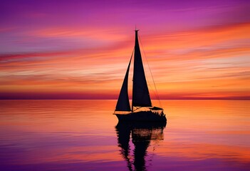 Fototapeta premium Silhouette of a sailboat peacefully sailing or anchored at sunset. 